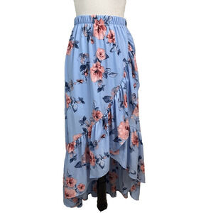 Miami Skirt size Small Blue Pink Roses Floral Ruffles Long High Low Wedding